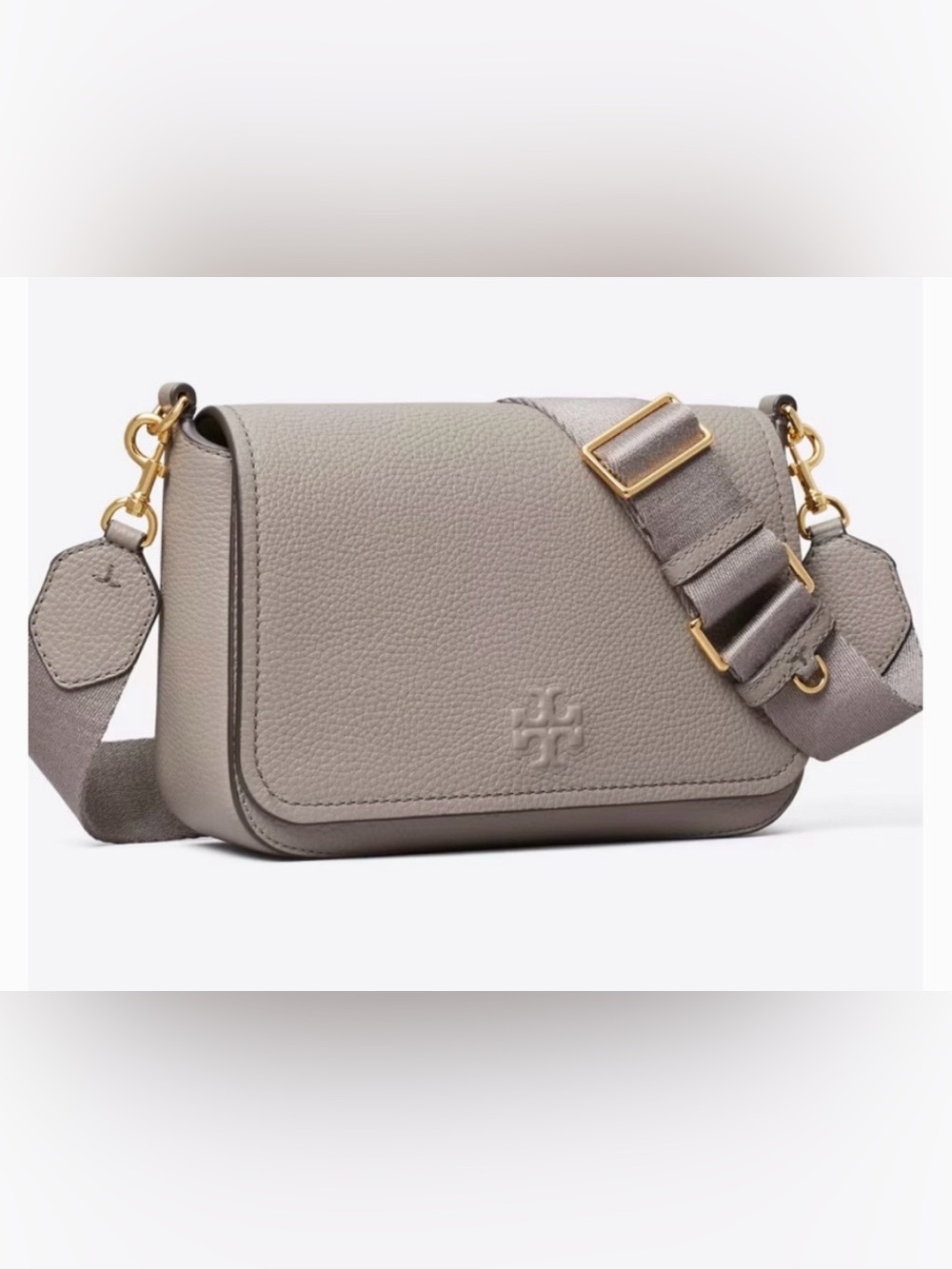 Tory Burch Taupe Pebbled Leather Crossbody with Wide Strap